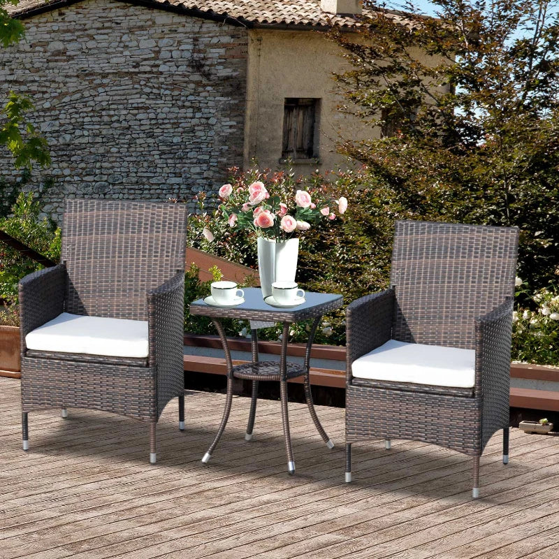 Ensemble de meubles de patio 3 pièces, ensemble de bistro en rotin pour conversation extérieure, porche de patio en PE avec deux fauteuils, table basse avec plateau en verre pour jardin