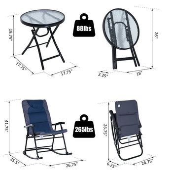 Ensemble de 3 chaises à bascule pliables pour patio, chaises à bascule d'extérieur et table bistro avec siège rembourré, appui-tête, dossier pour parc, cour, jardin, bleu