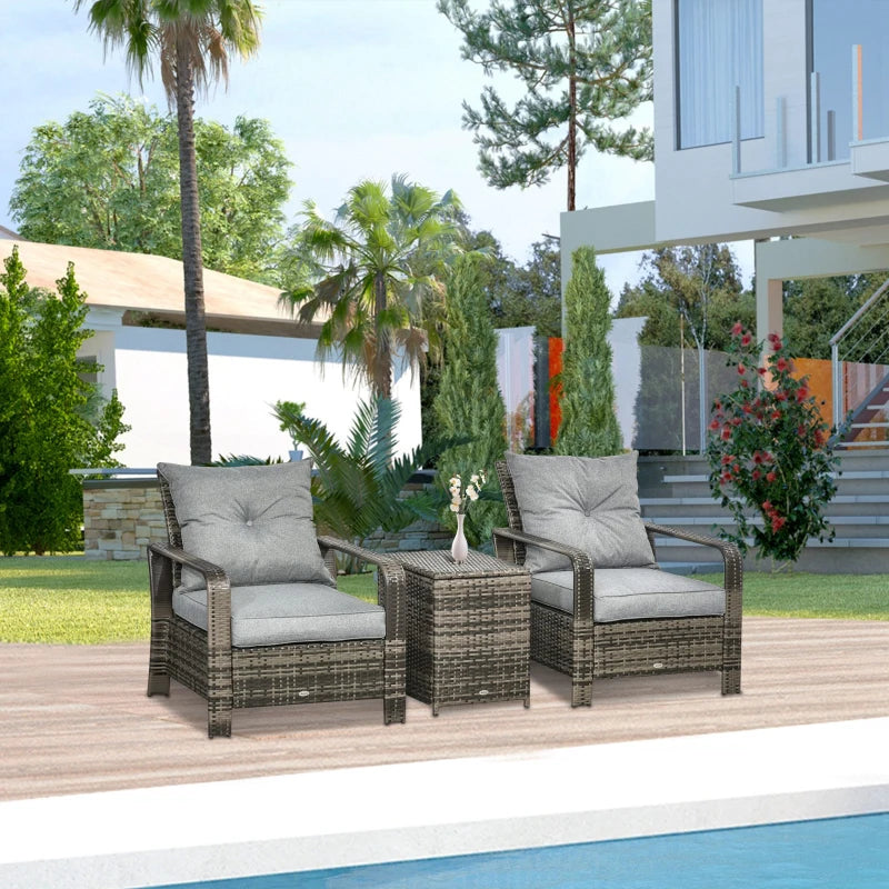 Ensemble bistro de terrasse 3 pièces avec 2 chaises rembourrées et 1 table d'appoint de rangement, ensemble de canapé de jardin en rotin PE avec housse de coussin amovible, gris