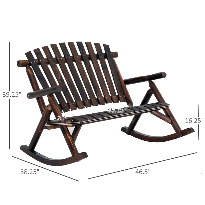 Chaise à bascule Adirondack en bois, chaise à bascule double rustique d'extérieur avec design à lattes pour 2 personnes, convient pour jardin, balcon, porche, carbonisé