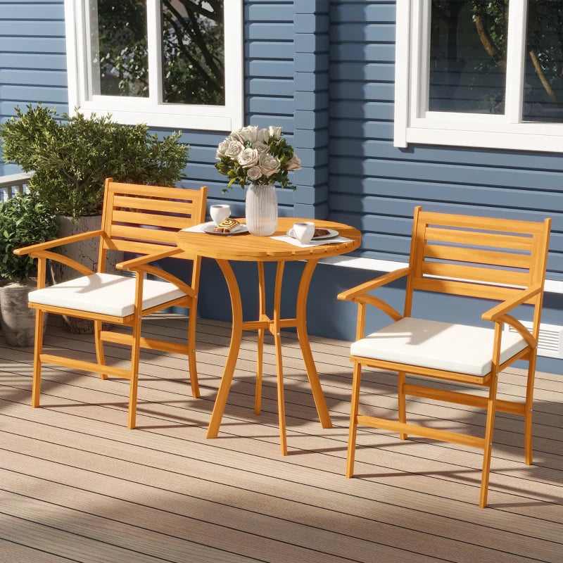 Ensemble de patio 3 pièces, petite table et chaises de patio, ensemble bistro extérieur en bois avec coussins, table basse ronde, marron