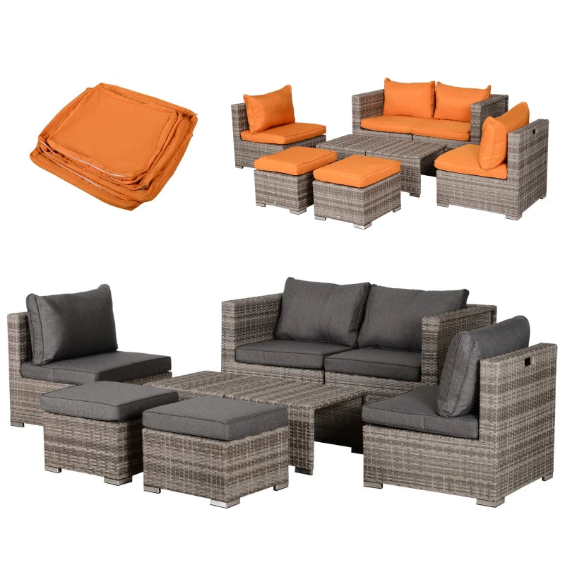 Ensemble de meubles de patio 8 pièces, ensemble de canapé d'extérieur en rotin et osier, siège inclinable, table à thé et repose-pieds, meubles de patio de jardin avec 2 housses de coussin, gris et orange