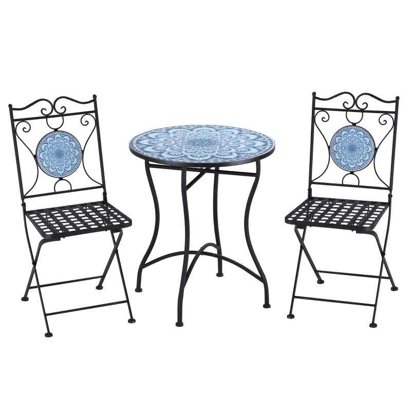 Ensemble de bistro extérieur 3 pièces, table basse de jardin avec plateau en mosaïque pour patio, balcon, bord de piscine, noir