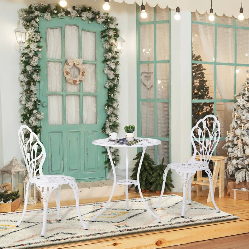 Ensemble bistro de patio 3 pièces, table et chaises de jardin en fonte d'aluminium avec trou pour parasol pour balcon, blanc