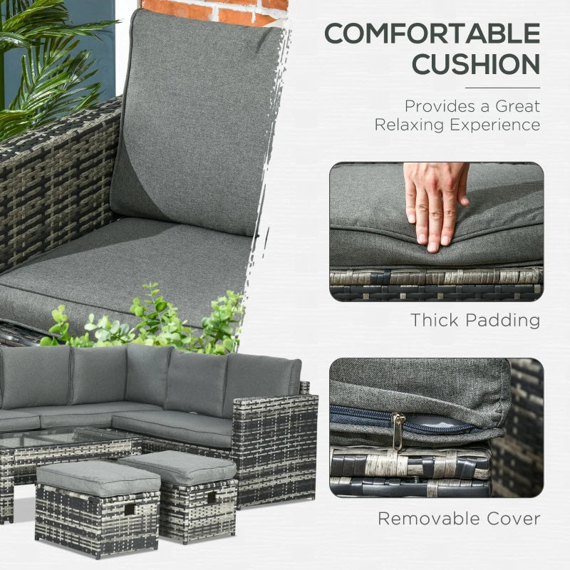Ensemble de meubles de jardin en rotin 6 pièces, canapé d'extérieur 8 places avec 3 causeuses en osier avec coussins, 2 repose-pieds et table en verre pour cour, bord de piscine, gris
