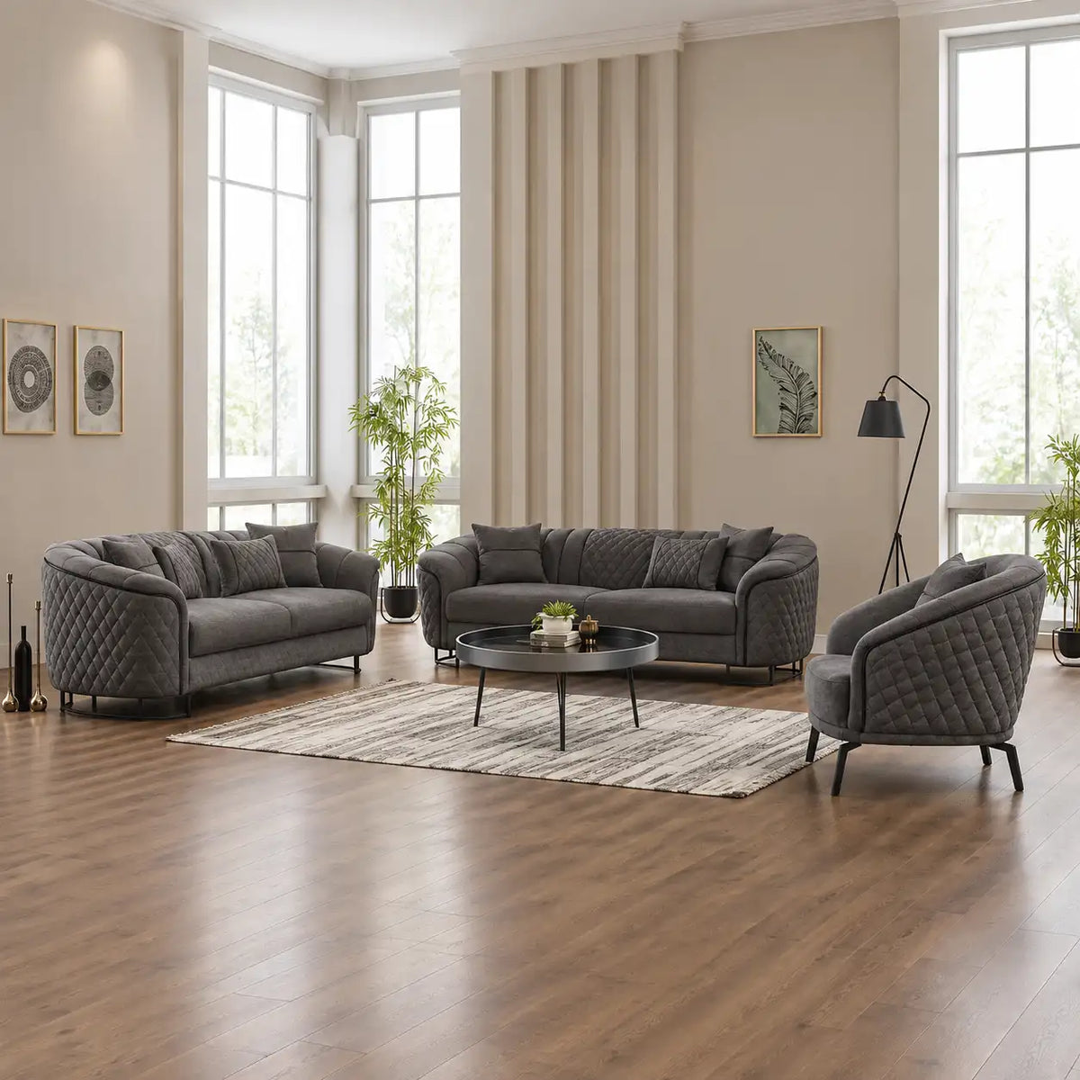 Ensemble de Sofa 3 Pièces Victoria en Tissu Gris et Noir avec Pieds en Acier