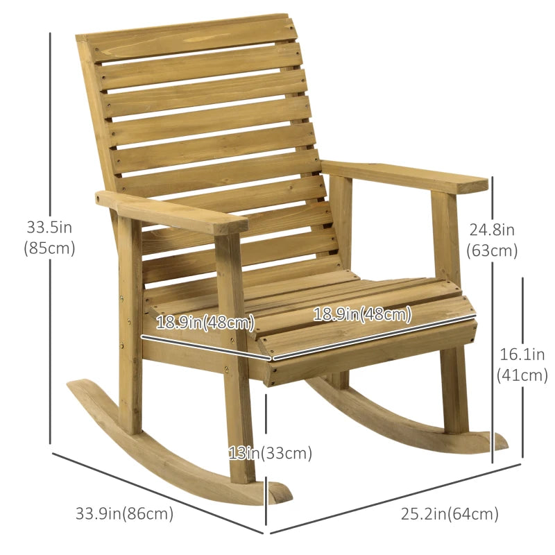 Chaise à bascule d'extérieur en bois, chaise à bascule traditionnelle pour patio, structure à lattes, bascule de porche avec accoudoirs pour l'extérieur et l'intérieur, marron clair
