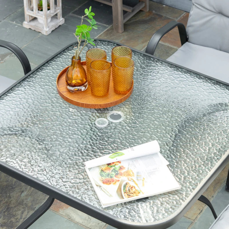 Ensemble de salle à manger de jardin carré extérieur 5 pièces avec table à manger en verre trempé, 4 fauteuils rembourrés, trou pour parasol, gris