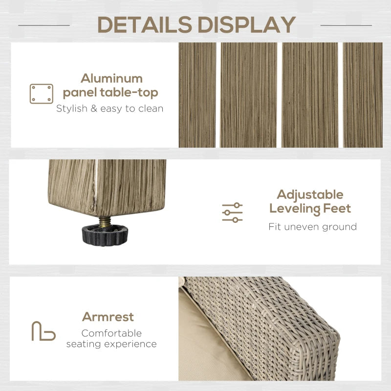 Ensemble de meubles de patio 6 pièces, ensemble de canapé de jardin de luxe avec cadre en aluminium, meubles de conversation demi-rond en osier et rotin avec plateau en panneau d'aluminium et coussin pour jardin, cour, pelouse, beige