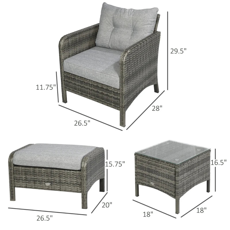 Ensemble de 5 meubles de patio en osier avec coussins rembourrés épais, ensemble de café de conversation en rotin PE avec fauteuils, repose-pieds et table en verre, gris clair