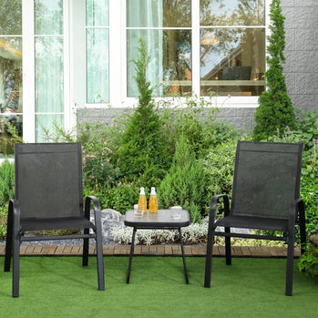 Ensemble bistro d'extérieur de 3 pièces, ensemble de patio 3 pièces avec tissu en maille respirante, chaises empilables et table carrée, noir