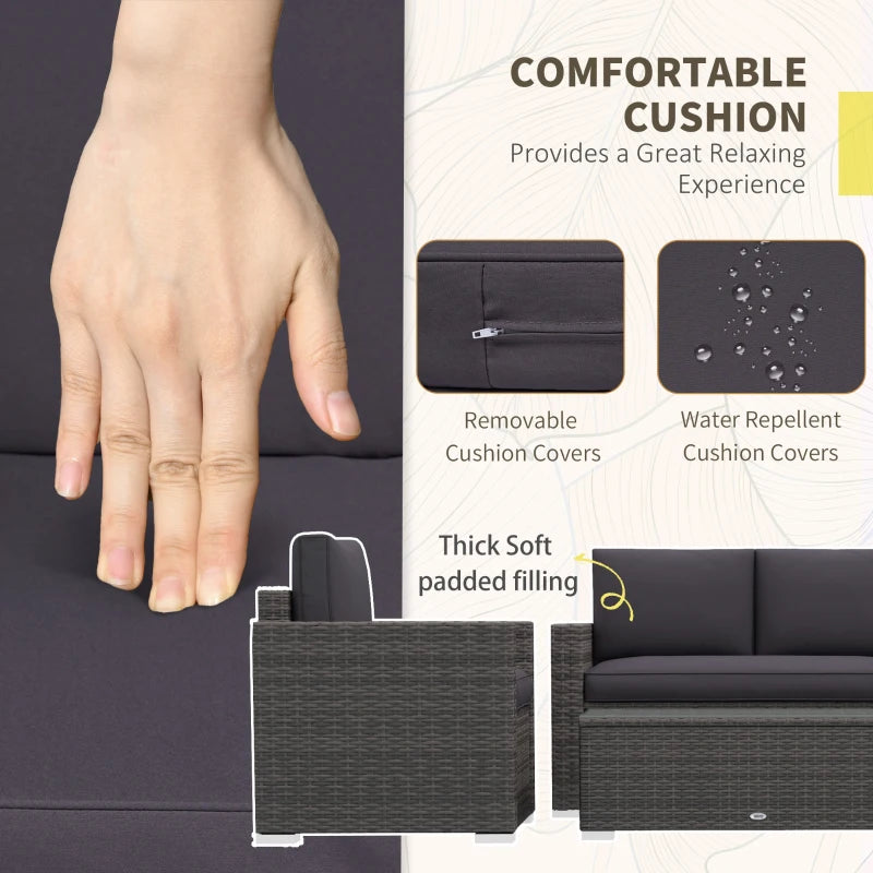 Mobilier d'extérieur avec table, meubles en osier avec causeuse et 2 chaises pour jardin, bord de piscine, gris