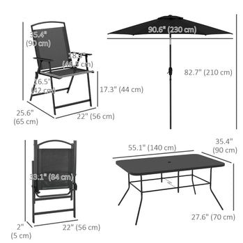 Ensemble de patio 8 pièces avec parasol, 6 chaises pliantes, table rectangulaire, ensemble de salle à manger d'extérieur pour 6 personnes avec siège en maille, noir