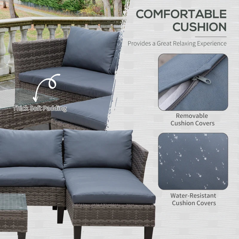 Ensemble de meubles de patio en osier 3 pièces, ensemble de canapé d'extérieur avec plateau en verre, coussins cadre en métal pour balcon, patio, gris