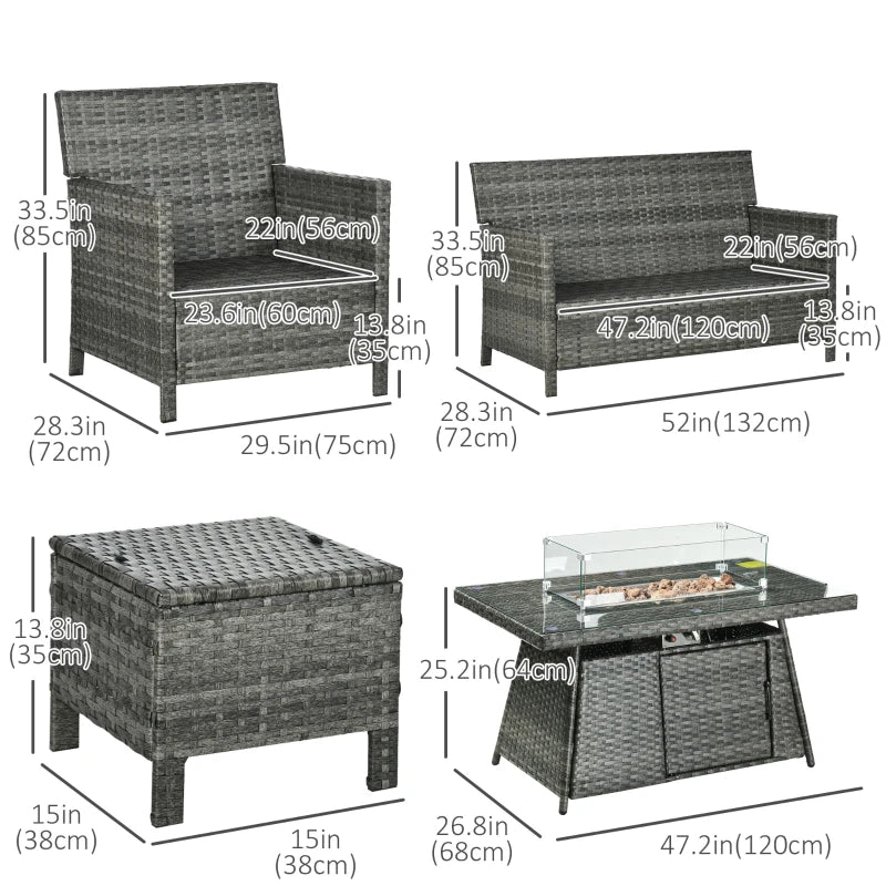 Ensemble de meubles de patio 6 pièces avec table de foyer à gaz de 50 000 BTU, table de salle à manger et chaises d'extérieur en rotin PE, ensemble de canapé de conversation sectionnel avec coussins, gris