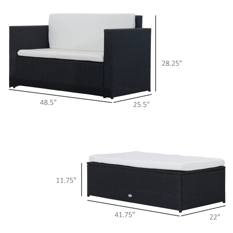 Ensemble de meubles de patio 2 pièces en osier avec repos-pieds double, ensemble de conversation d'extérieur en rotin PE avec causeuse et repos-pieds à deux places, blanc crème