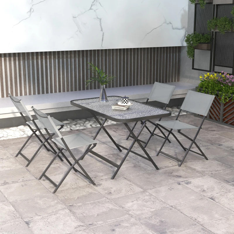 Table de salle à manger et chaises de patio pliables 5 pièces, ensemble de salle à manger d'extérieur pour 4 personnes avec grande table rectangulaire en verre et 4 chaises empilables pour véranda, jardin, terrasse, gris