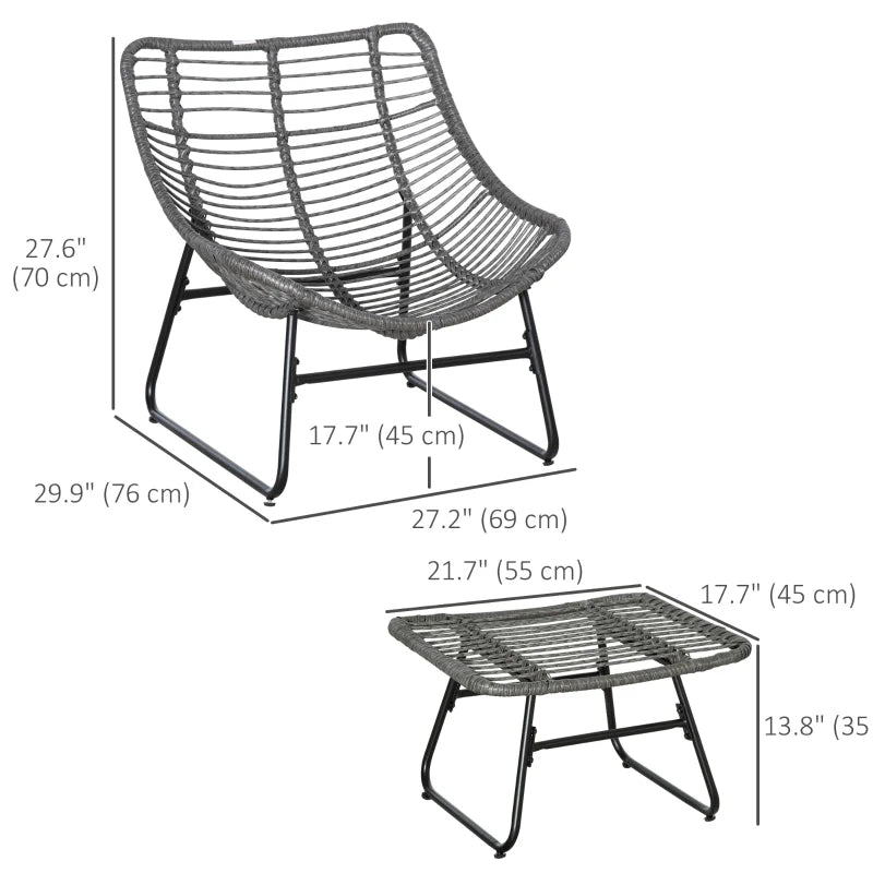 Chaise en rotin avec tabouret, coussin, repose-pieds réglables, gris