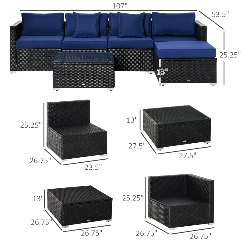 Ensemble de 6 meubles de patio en osier et rotin PE avec coussins épais, canapé sectionnel de jardin de luxe avec table en verre, noir et bleu foncé