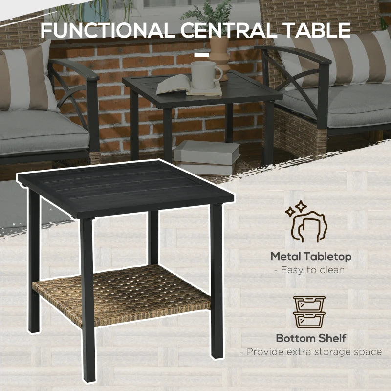 Ensemble de meubles de jardin en rotin PE 5 pièces, 2 fauteuils, 2 tabourets, plateau en acier avec étagère en osier, sièges d'extérieur rembourrés, kaki