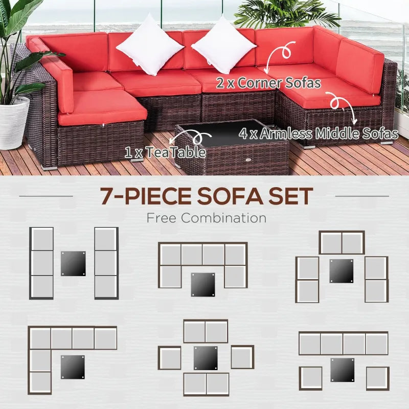 Ensemble de canapé de patio en osier 7 pièces, ensemble de meubles de conversation sectionnels en rotin PE avec table basse et coussin en verre trempé pour jardin, arrière-cour, rouge