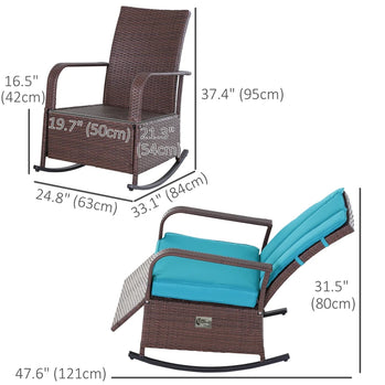 Chaise à bascule d'extérieur en osier, fauteuil inclinable en rotin PE avec coussin, repose-pieds réglable, accoudoirs, Turquoise