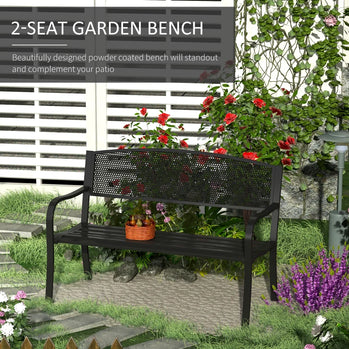 Banc de jardin en acier de 50 po, patio extérieur, siège de parc pour 2 personnes, meubles de cour, causeuse noire
