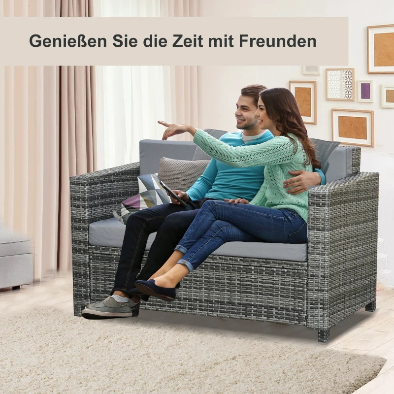 Causeuse de patio 2 places de luxe en osier, meuble d'extérieur en rotin, toutes saisons avec coussin pour balcon, terrasse, jardin et bord de piscine, gris