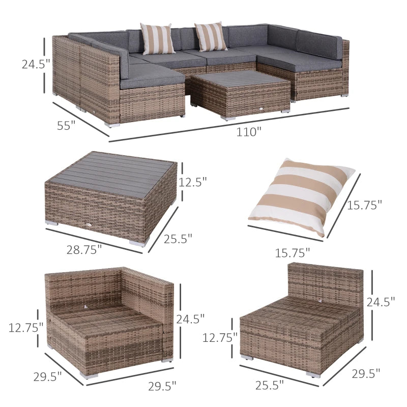 Ensembles de meubles de patio 7 pièces, ensembles de conversation d'extérieur en osier, canapé sectionnel en rotin PE résistant aux intempéries, gris