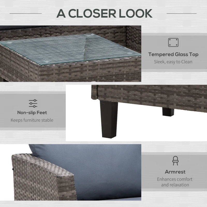 Ensemble de meubles de patio en osier 3 pièces, ensemble de canapé d'extérieur avec plateau en verre, coussins cadre en métal pour balcon, patio, gris