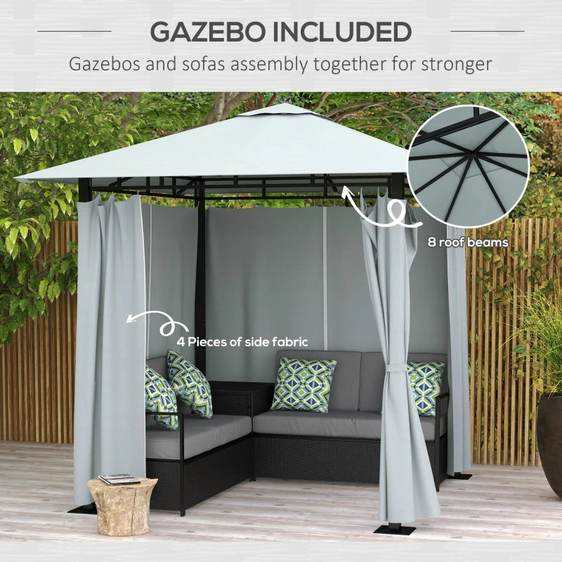 Ensemble de meubles de patio avec tonnelle, canapé de conversation d'extérieur en rotin PE avec table d'angle de rangement, coussin, pour jardin, porche, bord de piscine, balcon, gris