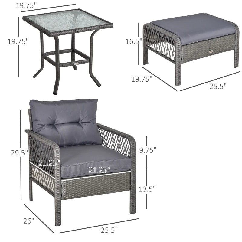 Outunny 5 pièces Ensemble de meubles de patio en osier avec coussins d'épaisseur de 4 ", ensemble de conversation en rotin en plein air avec fauteuils et ottomans, table en verre, gris