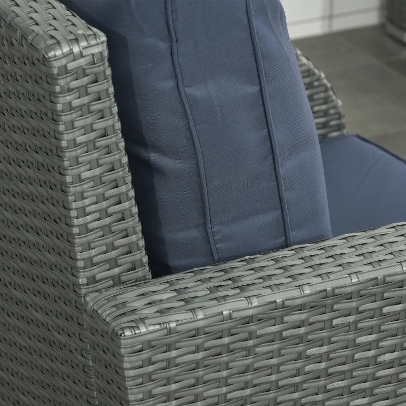 Meubles de patio avec coussins, 6 pièces en osier PE, ensemble de conversation avec un canapé à trois places, 2 chaises inclinables, 2 repose-pieds et une table, bleu foncé