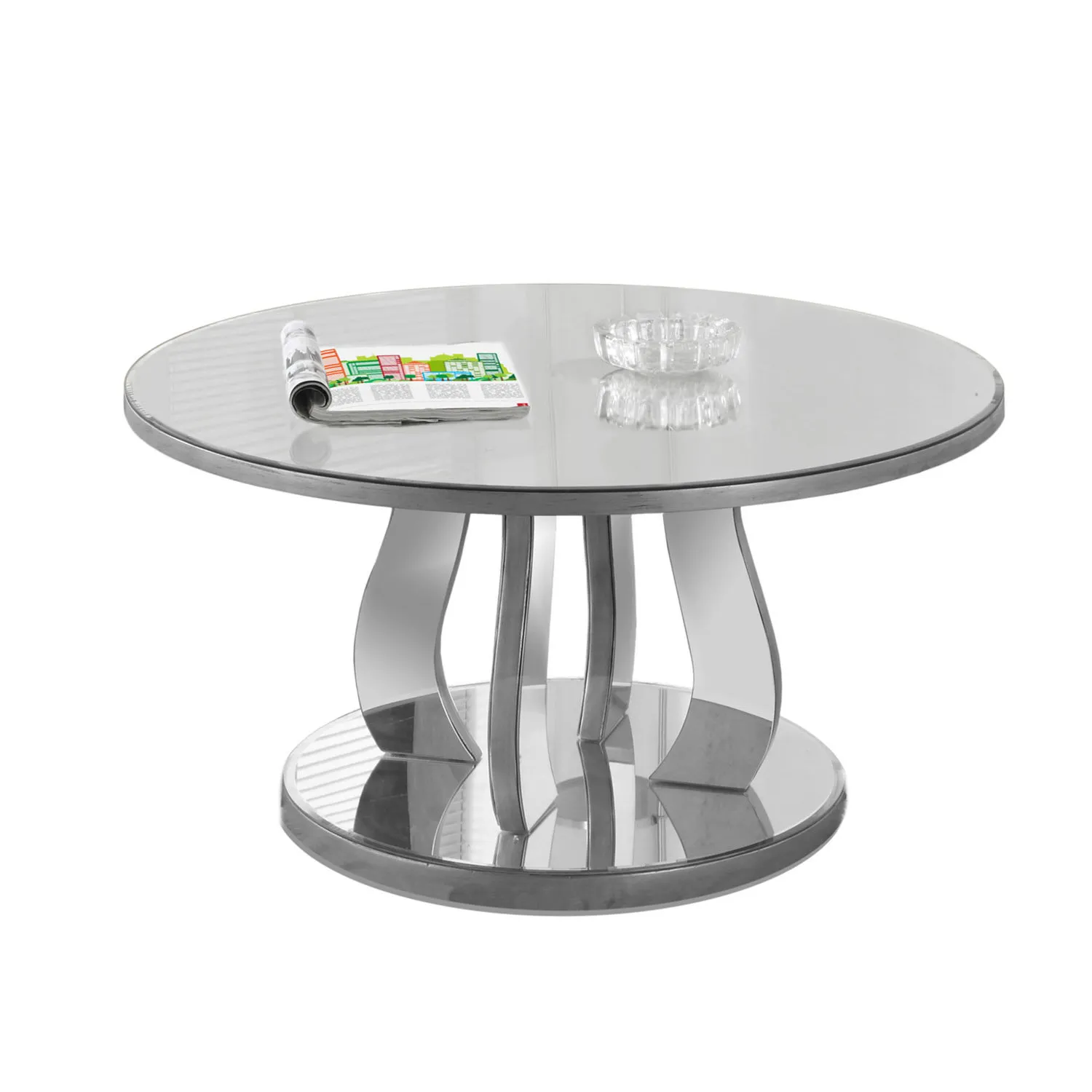 TABLE BASSE - 36"DIA / ARGENT BROSSE / MIROIR 