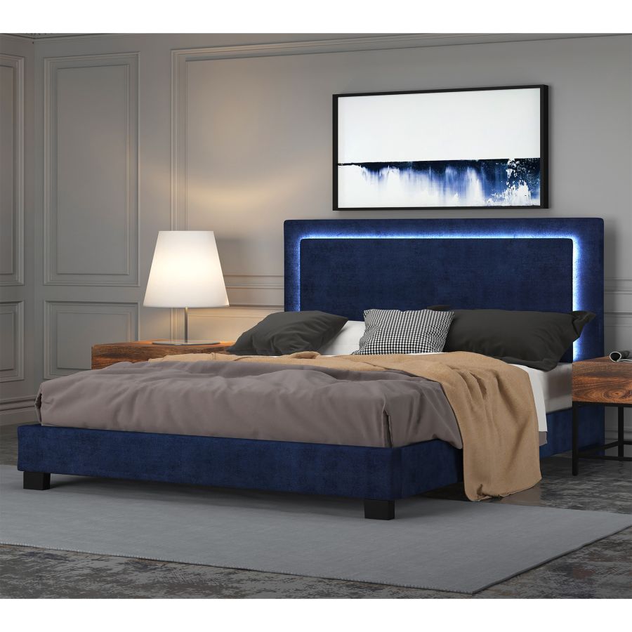 Très grand lit plateforme Lumina de 78 po avec lumière en bleu