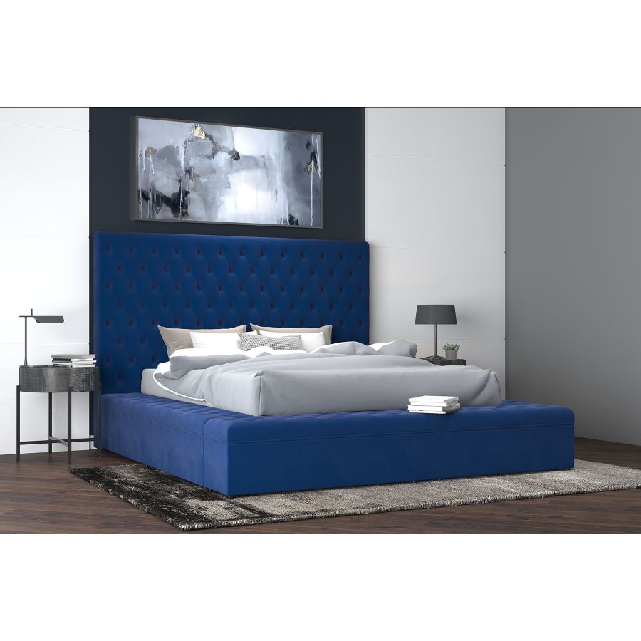 Grand lit plateforme Adonis 60" avec rangement en bleu