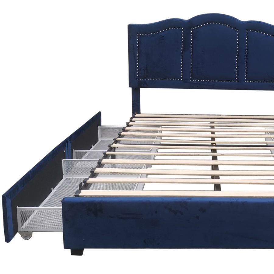 Grand lit plateforme Diana 60" avec tiroirs de rangement en bleu