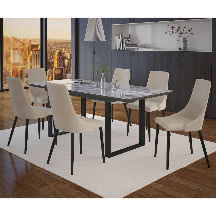 Ensemble de salle à manger 7 pièces Gavin/Venise en noir avec chaise beige