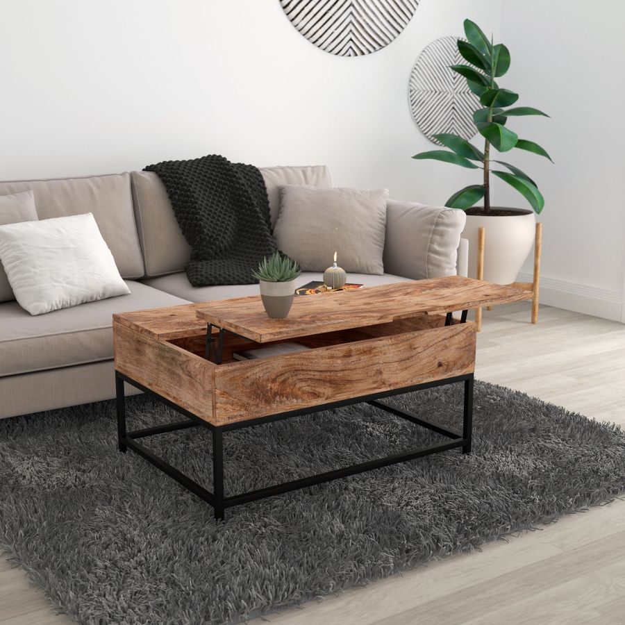 Table basse à plateau relevable Ojas en naturel brûlé