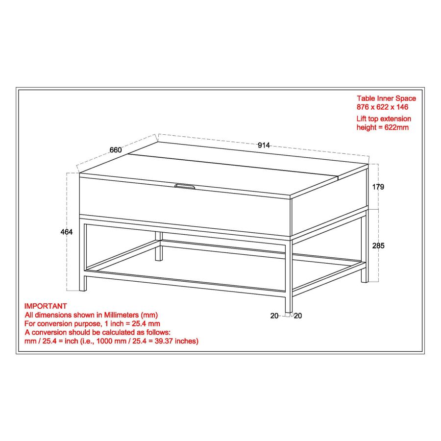 Table basse à plateau relevable Ojas en naturel brûlé