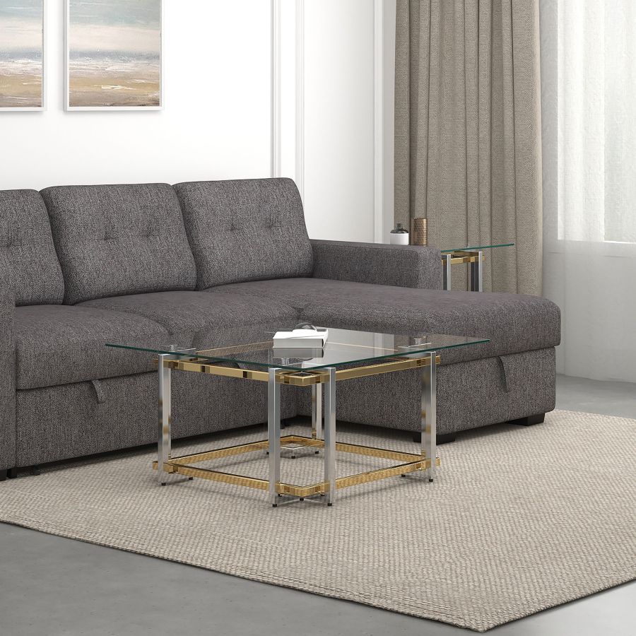 Table basse carrée Florina en argent et or