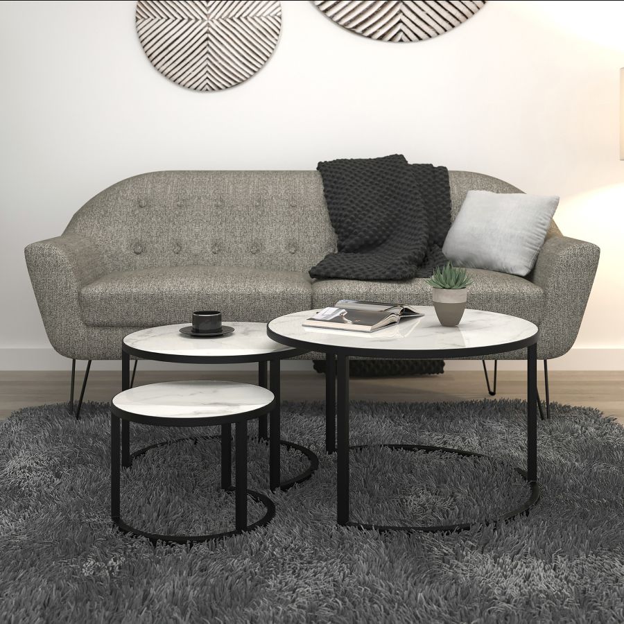 Ensemble de 3 tables basses rondes Darsh en faux marbre blanc