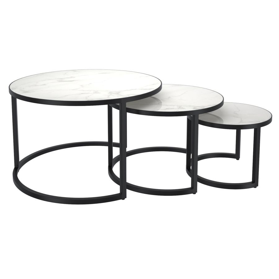 Ensemble de 3 tables basses rondes Darsh en faux marbre blanc