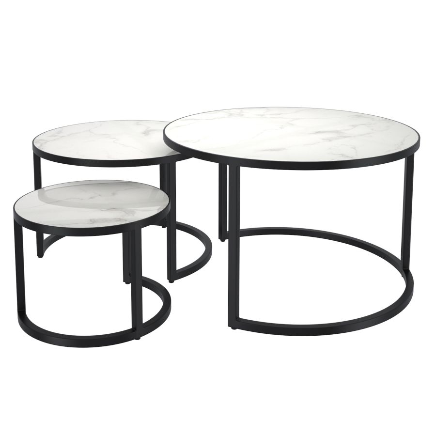 Ensemble de 3 tables basses rondes Darsh en faux marbre blanc