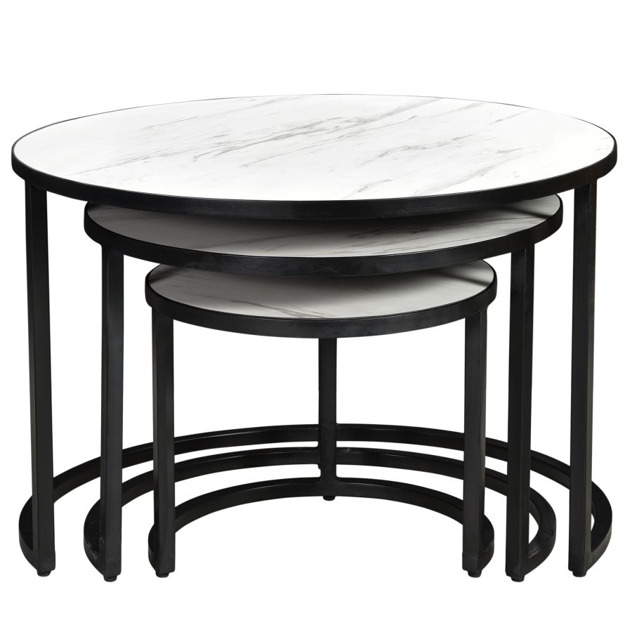 Ensemble de 3 tables basses rondes Darsh en faux marbre blanc