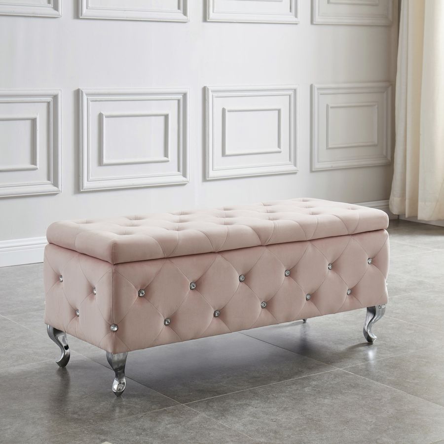 Pouf de rangement rectangulaire Monique en rose poudré