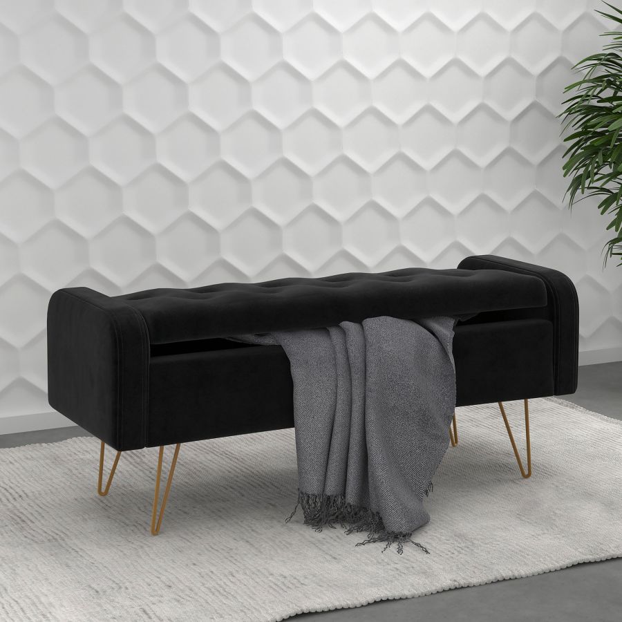 Pouf/banc de rangement Sabel en noir avec pattes dorées vieillies