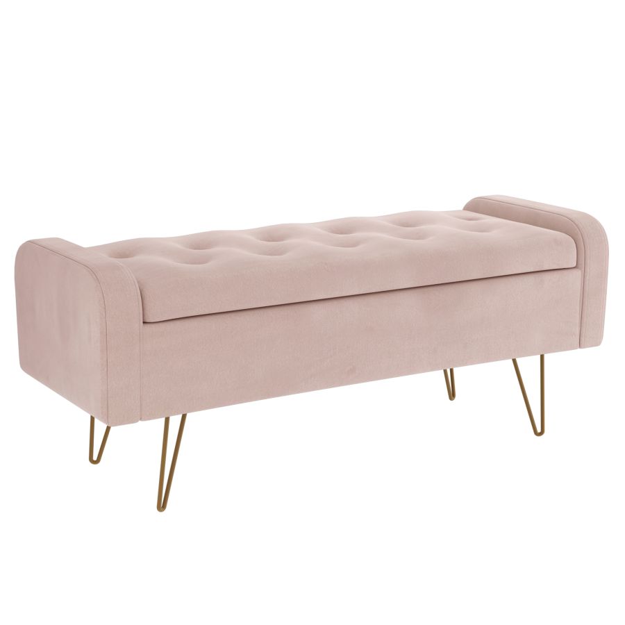 Pouf/banc de rangement Sabel en rose poudré avec pattes dorées vieillies