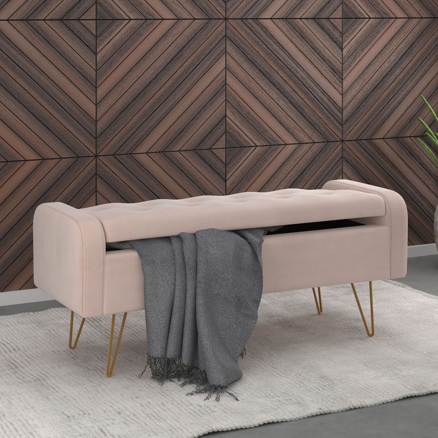 Pouf/banc de rangement Sabel en rose poudré avec pattes dorées vieillies