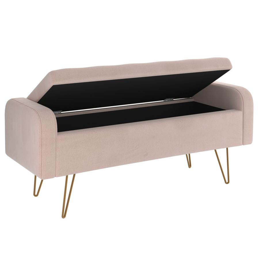 Pouf/banc de rangement Sabel en rose poudré avec pattes dorées vieillies